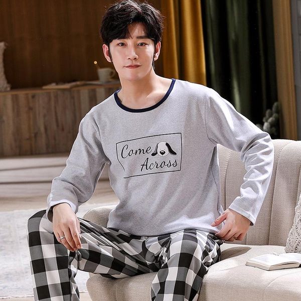 

men's sleepwear fashion autumn animal dog pajamas sets for men plaid pants pure cotton male plus size l-4xl home wear lounge nightwear, Black;brown