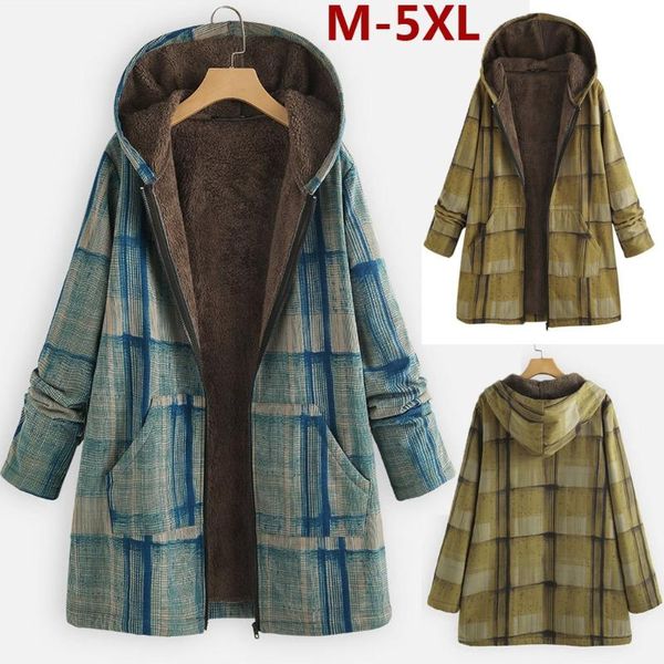 

women's jackets fashion women plus size winter autumn hooded vintage ethnic plaid print zipper fleece coat w1126, Black;brown