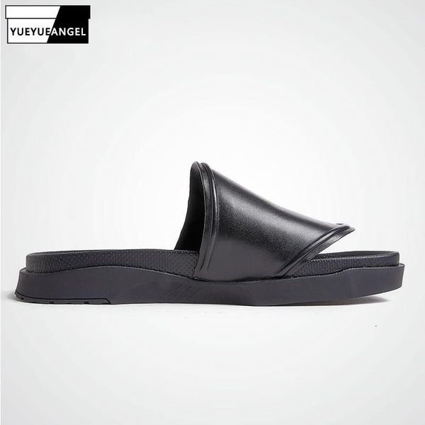 

men platform slippers 100% genuine leather outdoor black casual slides sandals non-slip summer beach slippers1
