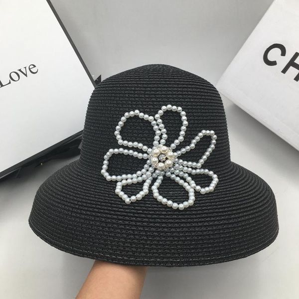 

wide brim hats sunhats black elegant audrey hepburn pearl flower basin hat show face little ins wind beach resort is prevented bucket, Blue;gray