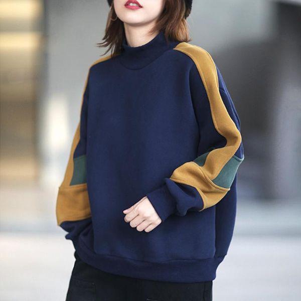 

women's hoodies & sweatshirts johnature 2021 winter retro patchwork turtleneck plush warm sweatshirt all-match women leisure loose casu, Black