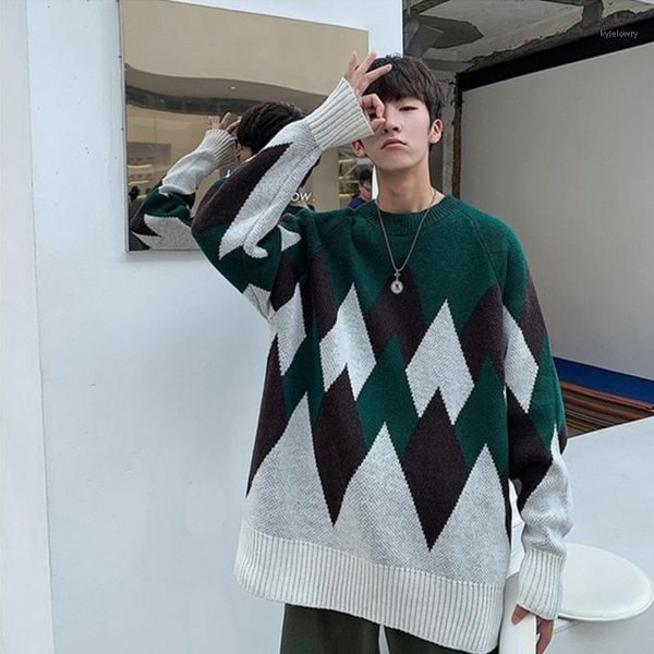 

winter sweater men's warm fashion contrast color o-neck knit pullover men streetwear loose casual sweater male sweter clothes1, White;black