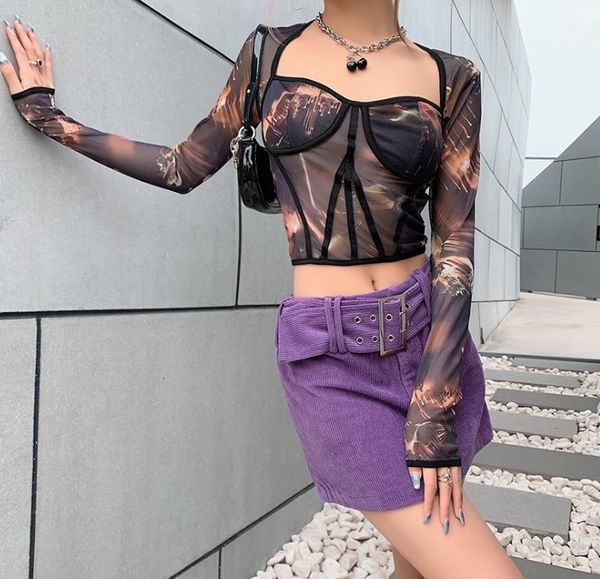 

da 2468b 2021 digital printed mesh long sleeve crop t-shirt, Black;brown