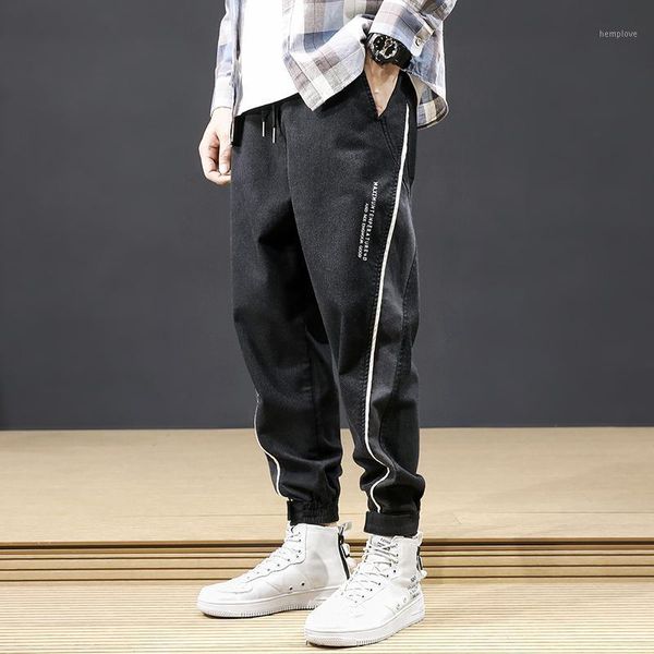 

japanese fashion men jeans loose fit black spliced designer denim cargo pants wide leg joggers harem trousers hip hop jeans men1, Blue