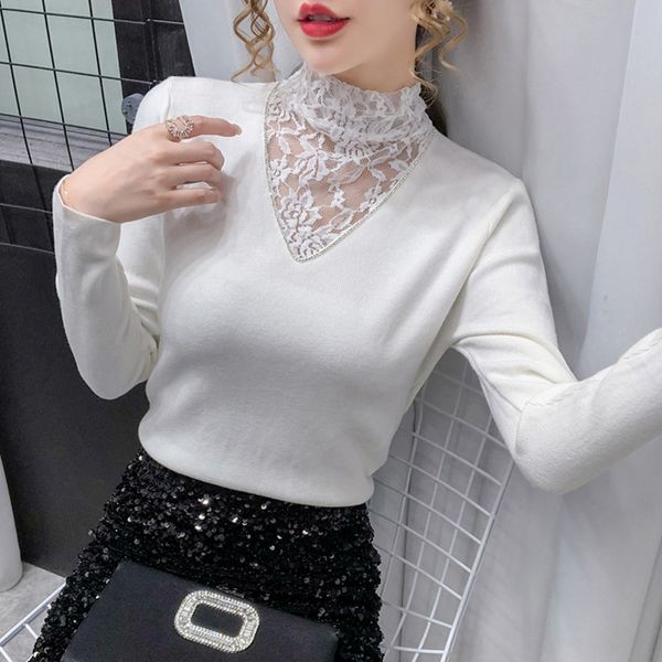 

половина высокой шея top lacelace lacelong рукав дно новая конструкция t-рубашка женской осени 2020a небольшого количество кружева с легким, White;black