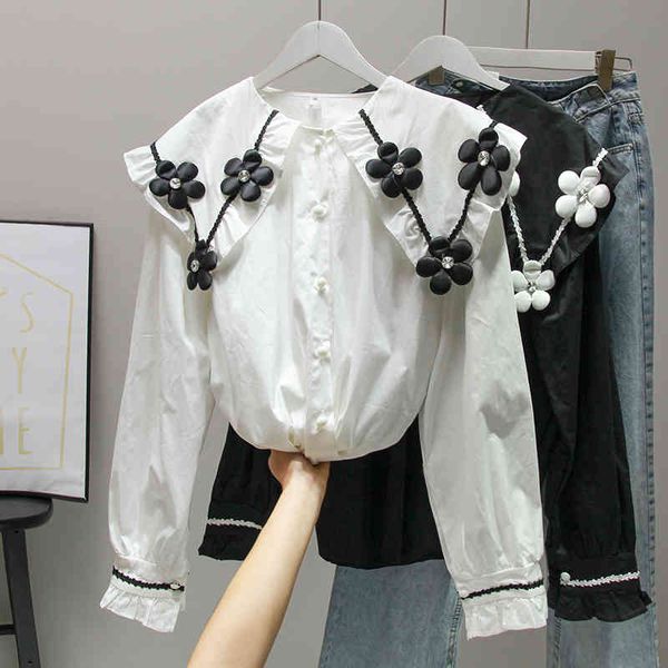 

woman sweet shirt spring korean ins three-dimensional flower doll collar single breast long sleeve shirt tide, White