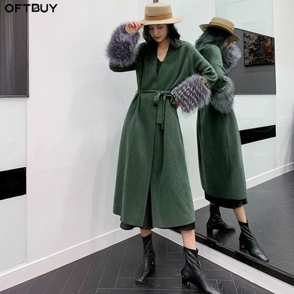 

women's wool & blends oftbuy 2021 casual fashion real silver fur cuffs outerwear winter jacket women cashmere knitting belt long coat s, Black