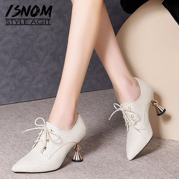 

isnom snake print genuine leather pumps women shoes lace up strange heels pumps pointed toe ladies shoes woman high heel, Black