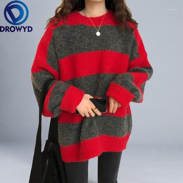 

women's sweaters striped pullovers sweater women 2021 fall soft cotton loose knitted tide o-neck thick winter korean casual simple chic, White;black