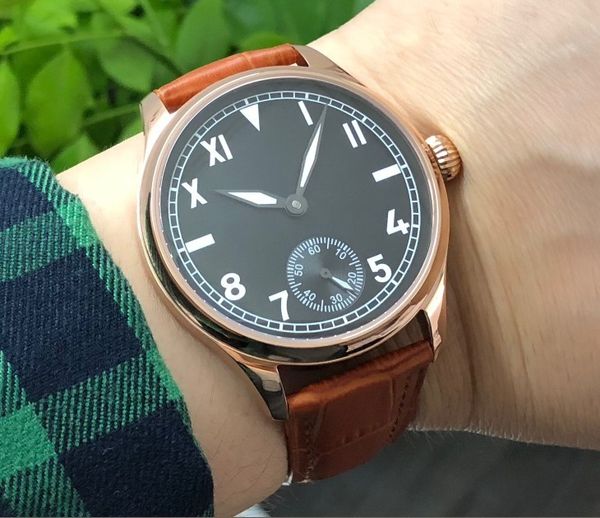 

44mm sapphire crystal or mineral glass asian 6498 mechanical hand wind movement men's watch rose gold case luminous gr308-g8, Slivery;brown
