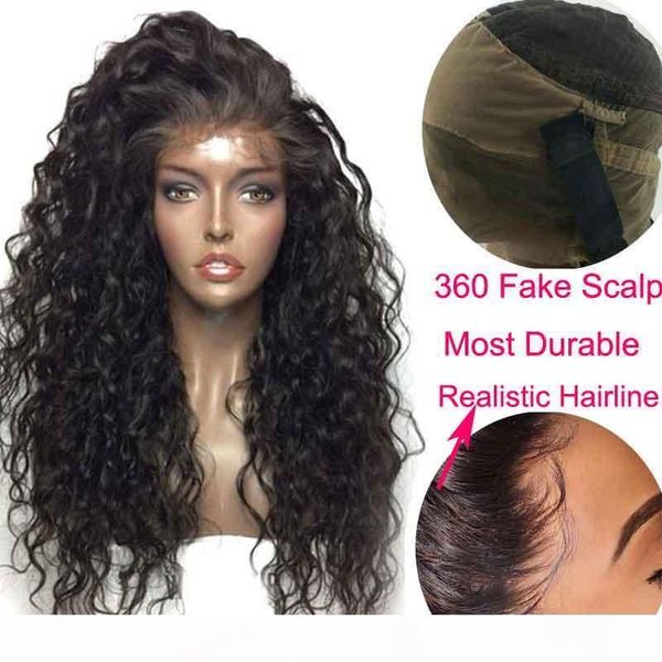 

hd lace wig preplucked water wave wig bleached knots black fake scalp remy women 360 lace frontal transparent wig, Black;brown