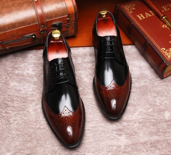 

retro british carved men's business suits pointed shoes leather fight color brock style men's tide shoes men office work, Black