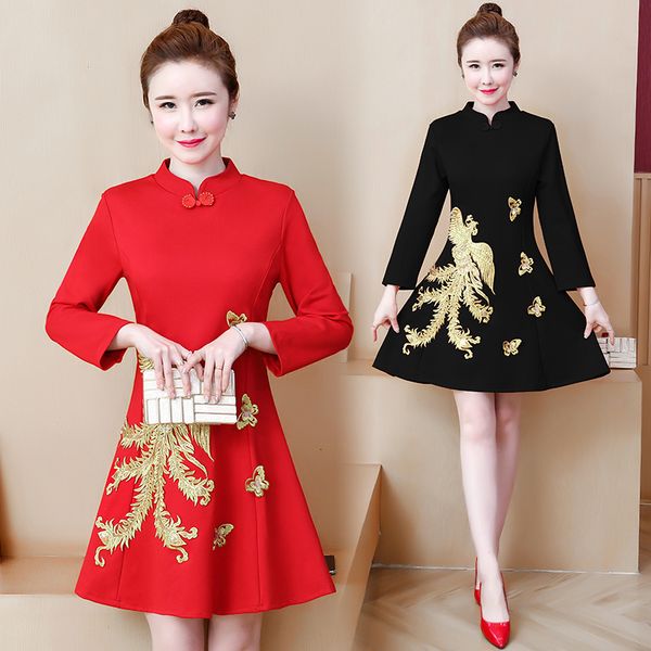 

women embroidered cheongsam dressed plus size fat 100kg woman wear skinny casual mini dress party azou, Black;gray