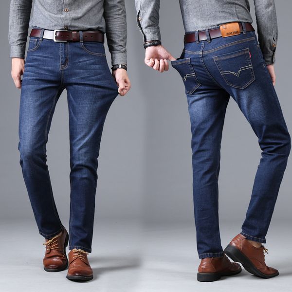

2020 brand autumn and winter stretch plush jeans pants men's fashion straight, Blue