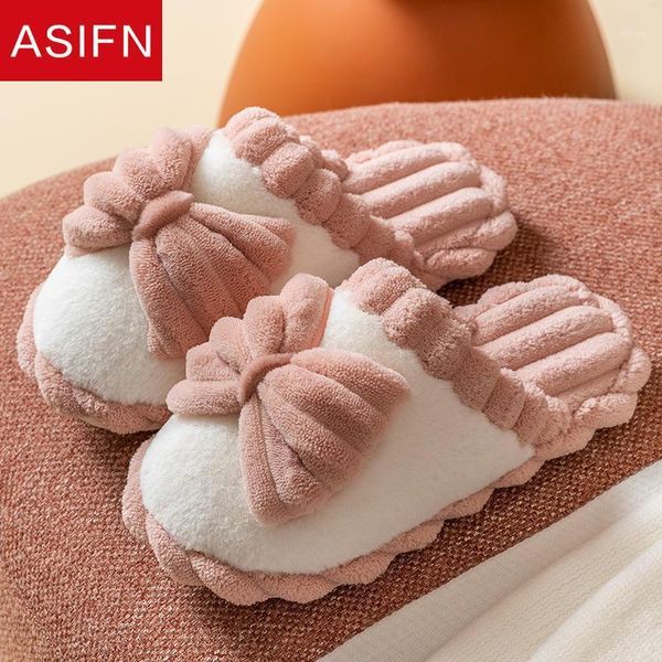 

asifn cute bowknot winter home women fur slippers cute design warm plush bedroom non-slip couples flock indoor ladies shoes1, Black