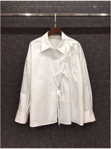 

european goods early spring 2021 new personalized solid color bow tie lapel shirt female loose long sleeve, White