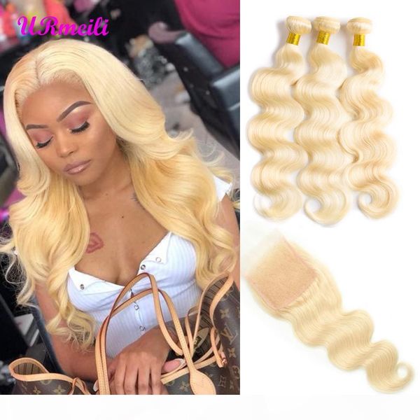 

613 blonde hair bundles malaysian body wave 3 4 bundles with closure 4*4 lace size remy human hair bundles with closure, Black;brown
