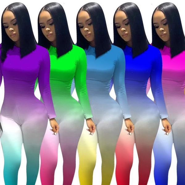 

women gradient print long sleeve sport bodycon jumpsuit bandage skinny bodysuit streetwear fall winter romper one piece outfits, Black;white