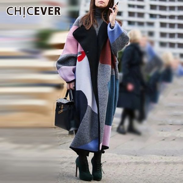 

chicever patchwork tweed coat for women v neck long sleeve hit color pockets loose plus size high street coats female 2020 tide, Tan;black