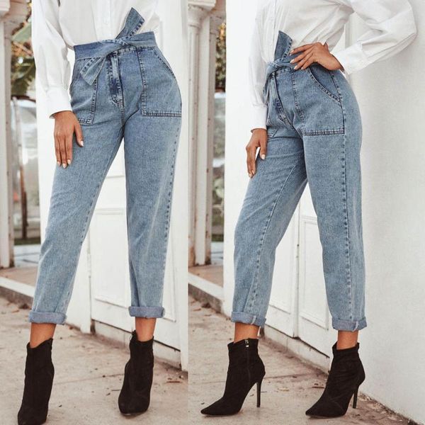 

jeans woman casual denim bow pants belt bandage vintage boyfriend jeans for women mom trousers loose pants mujer 2020 s101, Blue