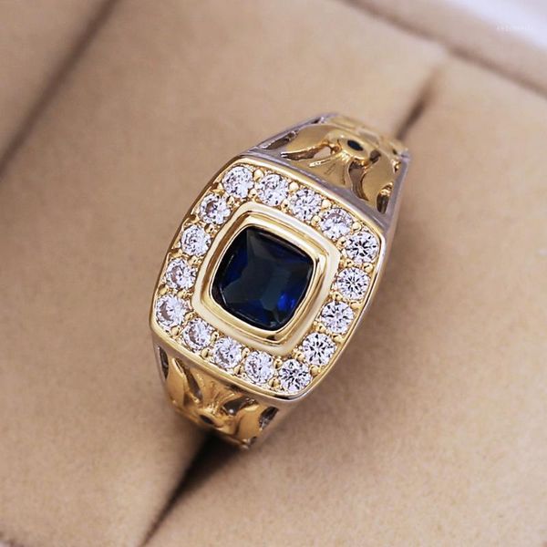 Ringos de cluster homens anel quadrado de pedra azul zircão dourado cor de prata dupla cz pavimentado masculino vintage jóias de casamento de negócios 2221