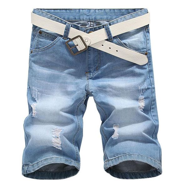 

новая мужская мода ripped короткие джинсы slim fit лето хлопок дышащие шорты джинсовые шорты, Blue