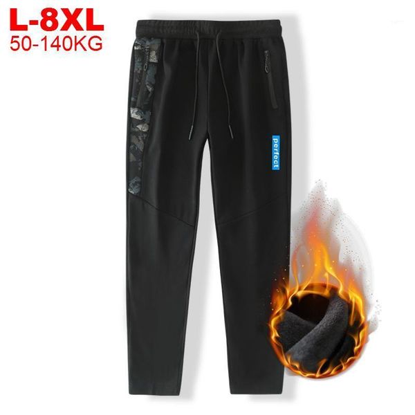 

big size 7xl 8xl 9xl men sweatpants joggers fleece lining winter warm track pants male thick jogging trousers hip hop streetwear1, Black