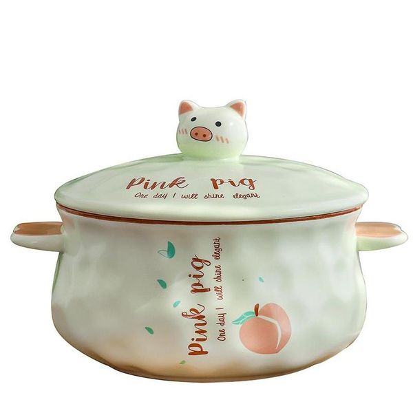 

1l creative cartoon pig ceramic instant noodle bowl with lid soup pot anti-scalding 14.5x7.5cm d2qa4