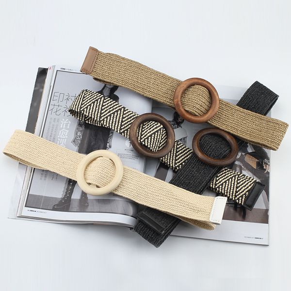 

vintage boho braided waist women fashion designer belt round wooden smooth buckle fake straw waistband for lady jeans dresss8, Black;brown