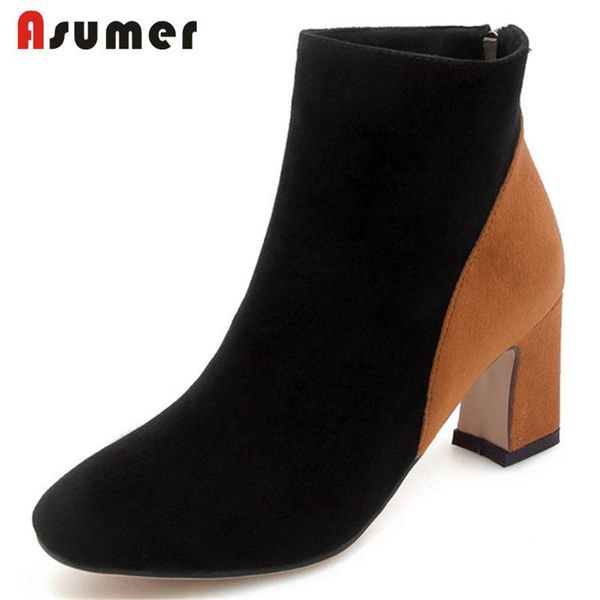 

asumer size 34-43 2020 new fashion square toe ankle boots women patchwork faux suede boots thick high heels zipper winter, Black