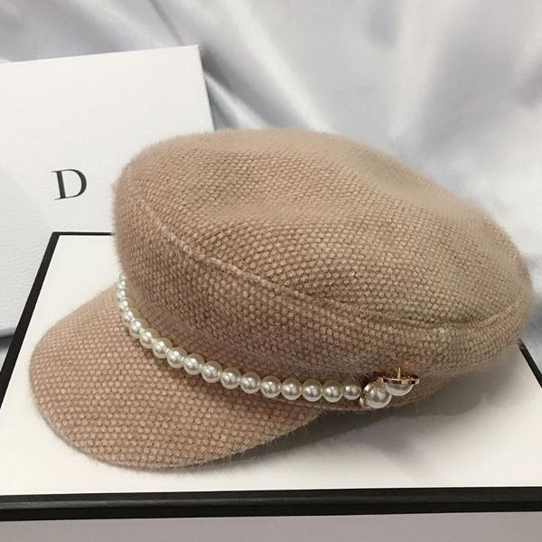 

women winter warm vintage beanie navy hat imitation pearl buttons beaded thicken faux fur lady newsboy elegant beret cap with vi, Blue;gray