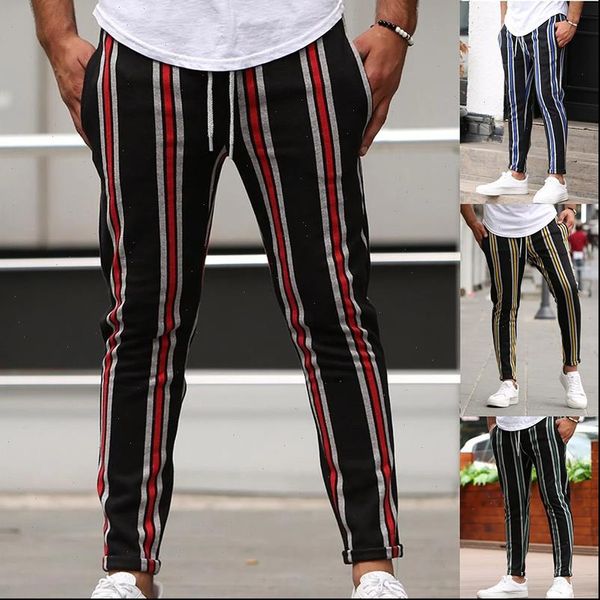 

man pants mens skinny slim fit bottom stripe casual high pants with pockets workout hip hop track trousers joggers men, Black