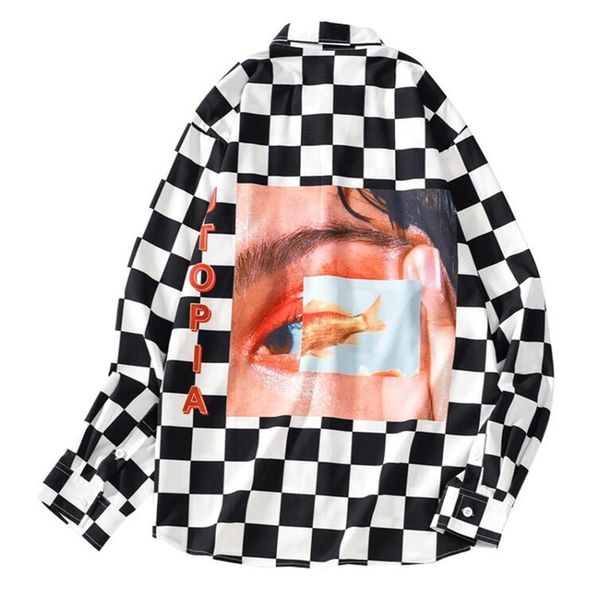 

nagri new fall shirt men women long sleeve hip hop streetwear harajuku plaid ua shirts casual slim outwear male 201120, White;black