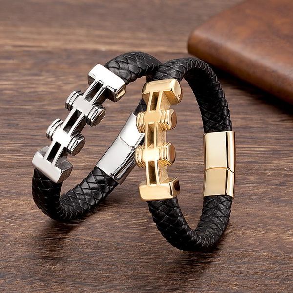 

genuine leather bracelet men stainless steel punk style charm magnetic clasp male bracelets gold color luxury jewelry for gift, Golden;silver
