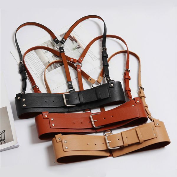 

hatcyggo punk leather harness woman waist cincher garter belt harajuku style pu leather chest belt slim body jewelry belt t200113, Black;brown