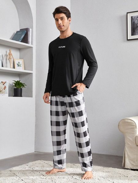 

men buffalo plaid & letter graphic pj set x2lz#, Black;brown