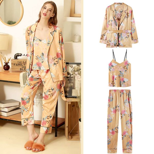 

new products in autumn winter 2020 pajamas nightgowns robe gown women and trousers set ice silk sling three piece home suit for ladies, Black;red