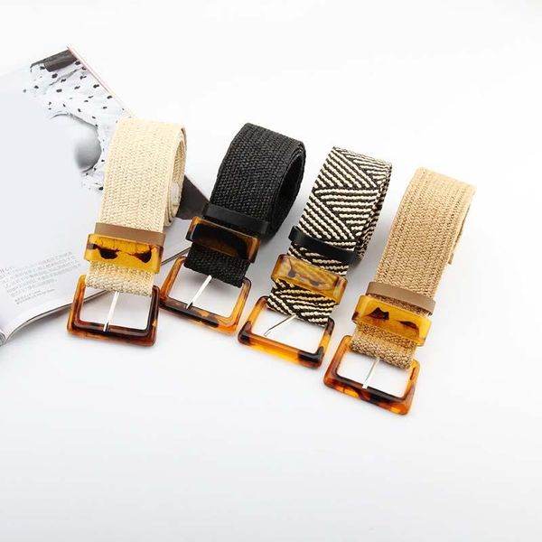 

bohemian braided belt elastic waist belt summer female belts square acrylic buckle straw wide belts for women dress waistband, Black;brown