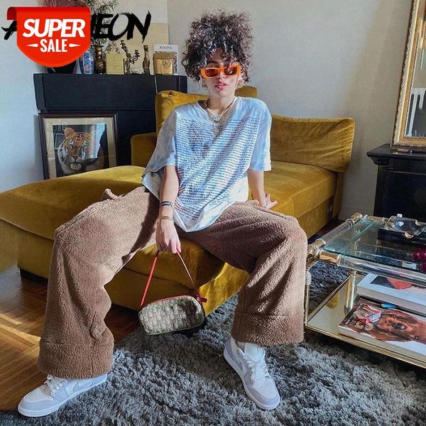 

allneon y2k winter shaggy brown pants with pockets vintage egirl loose straight high waist sweatpants autumn faux fur trousers #dm5a, Black;white