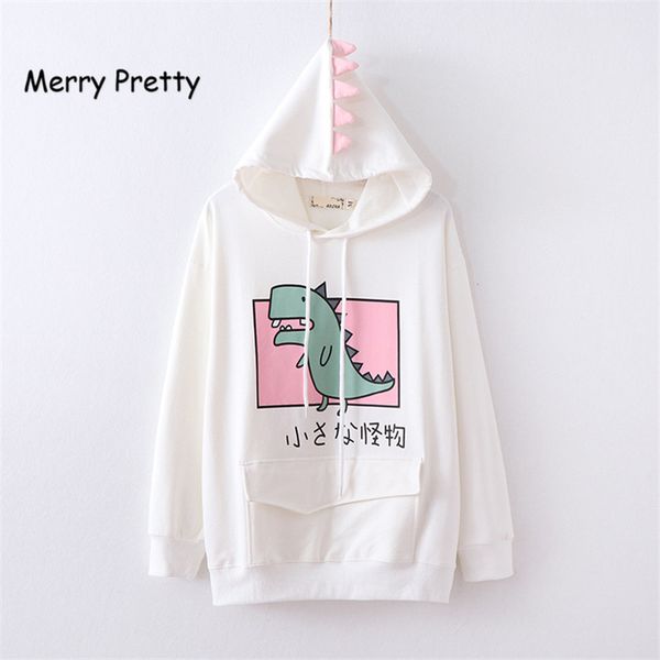 

merry pretty autumn spring hooded sweatshirt women cartoon dinosaur printed girls sweet drawstring pullovers with horns on hood 201008, Black
