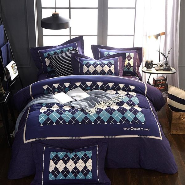 

blue gray 100% cotton bedding set duvet cover sheet pillowcase king  size plaid bed linen