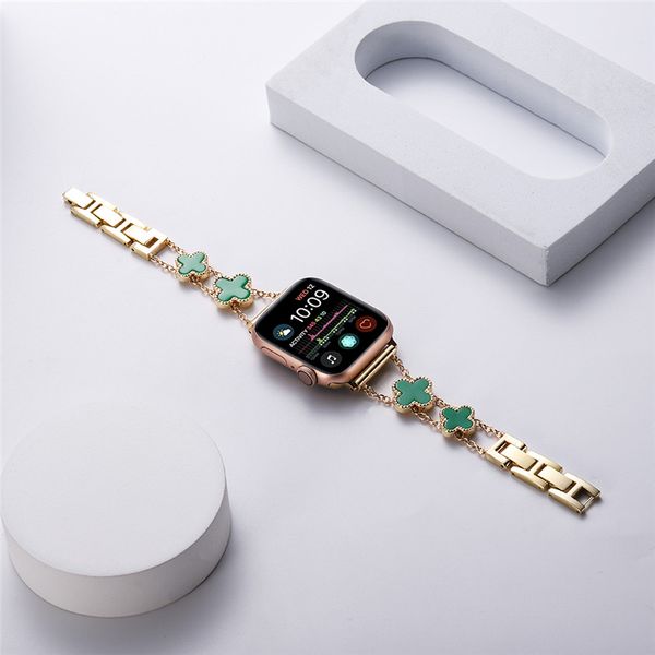 Bracciale in metallo lucido Braccialetto Smart Smart per orologio Apple 7 Band 41mm 40mm 38mm Bling Bling Bling Four-Leaf Strap IWatch 7 SE 6 5 4 3 45mm 44mm 42mm Watchband