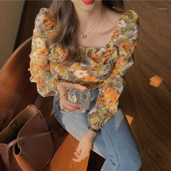 

blouse chiffon shirt holiday print retro slim pleat drawstring design short blusas puff long sleeve square collar office lady1, White