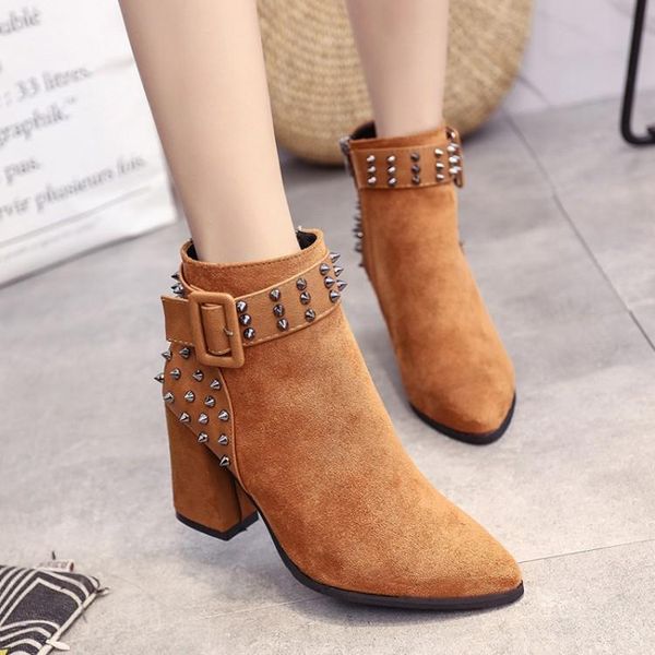 

женская низкие каблуки pu пряжка ремень zip насосы обувь rivet стиль обувь женщина насосы черный дамы ботильоны партии mujer, Black