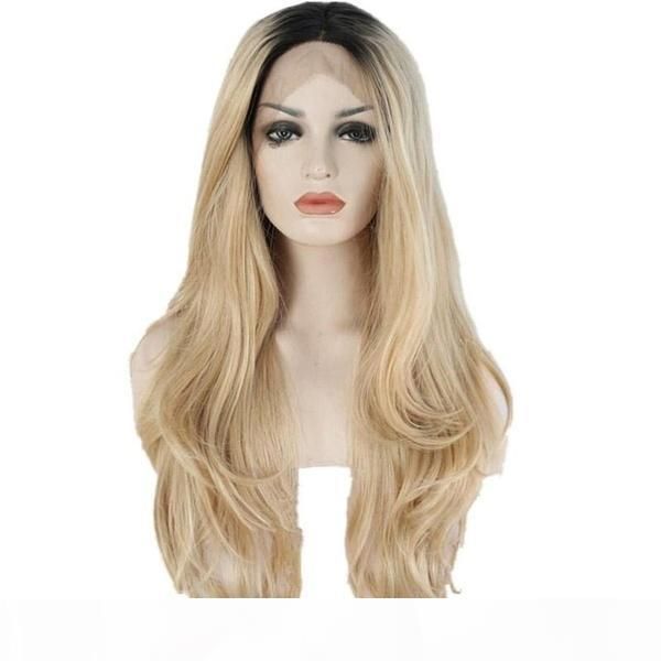 

180% density glueless long wavy wig 24inch synthetic ombre blonde lace front wigs for women heat resistant high temperature, Black