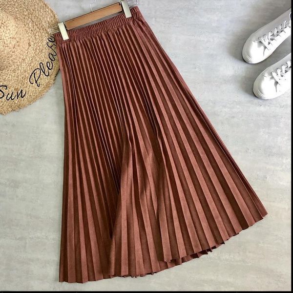 

women winter long skirts suede leather pleated midi skirts solid color office lady korean style high waist 80cm mid calf skirts, Black