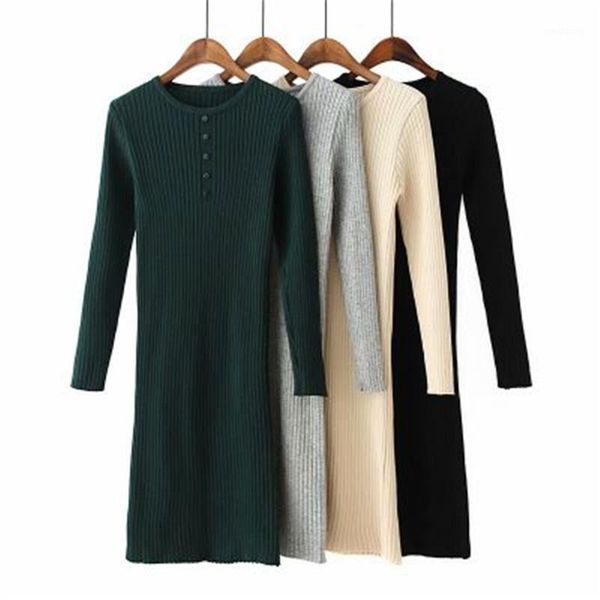 

cute solid knitted dress with round neck and buttons, long sleeve sweater, casual pullover, office women's1, White;black
