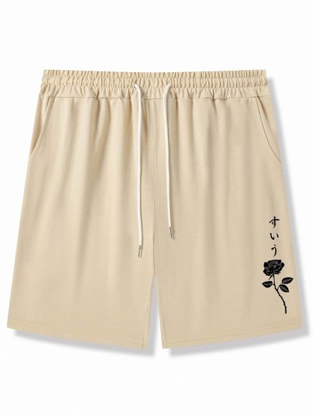 

romwe guys floral print drawstring shorts q9zd#, Black