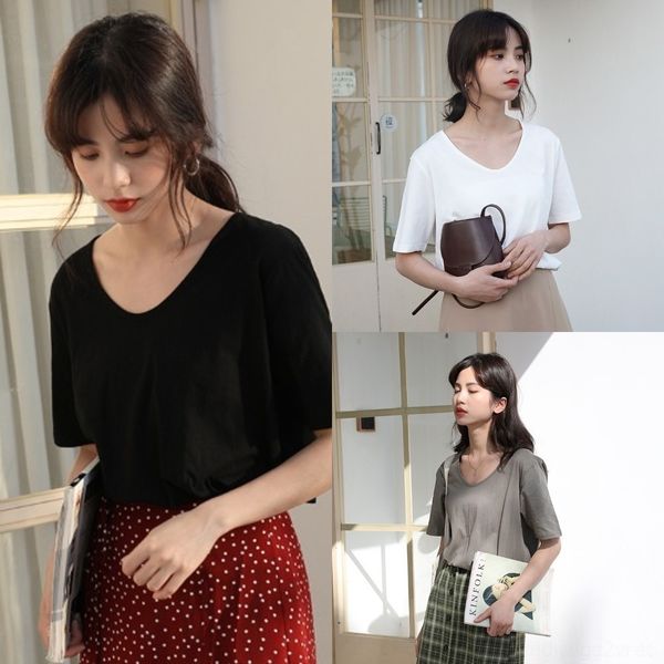 

xddhz 2020 summer new korean for casual and versatile casual simple solid color u-neck cotton short t-shirt sleeve t-shirt ins women 4gex9, White
