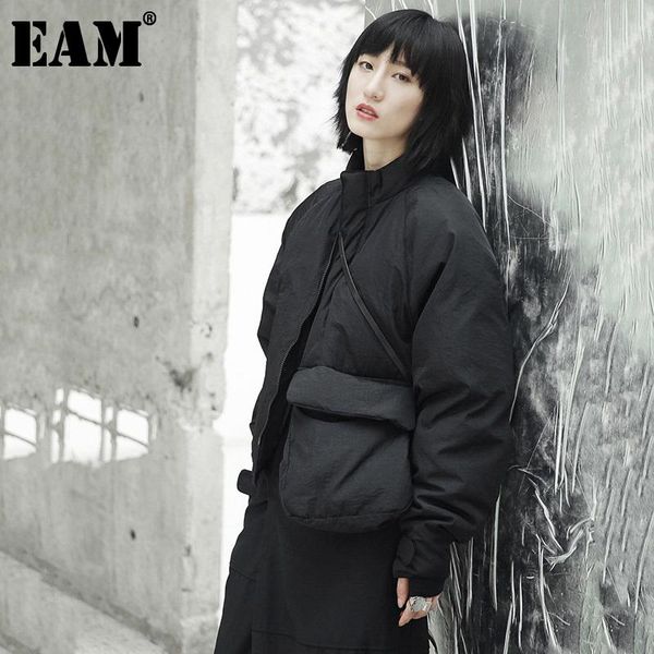 

eam]2020 new spring stand collar black single pocket stitch large size warm cotton-padded coat women jacket fashion ji51